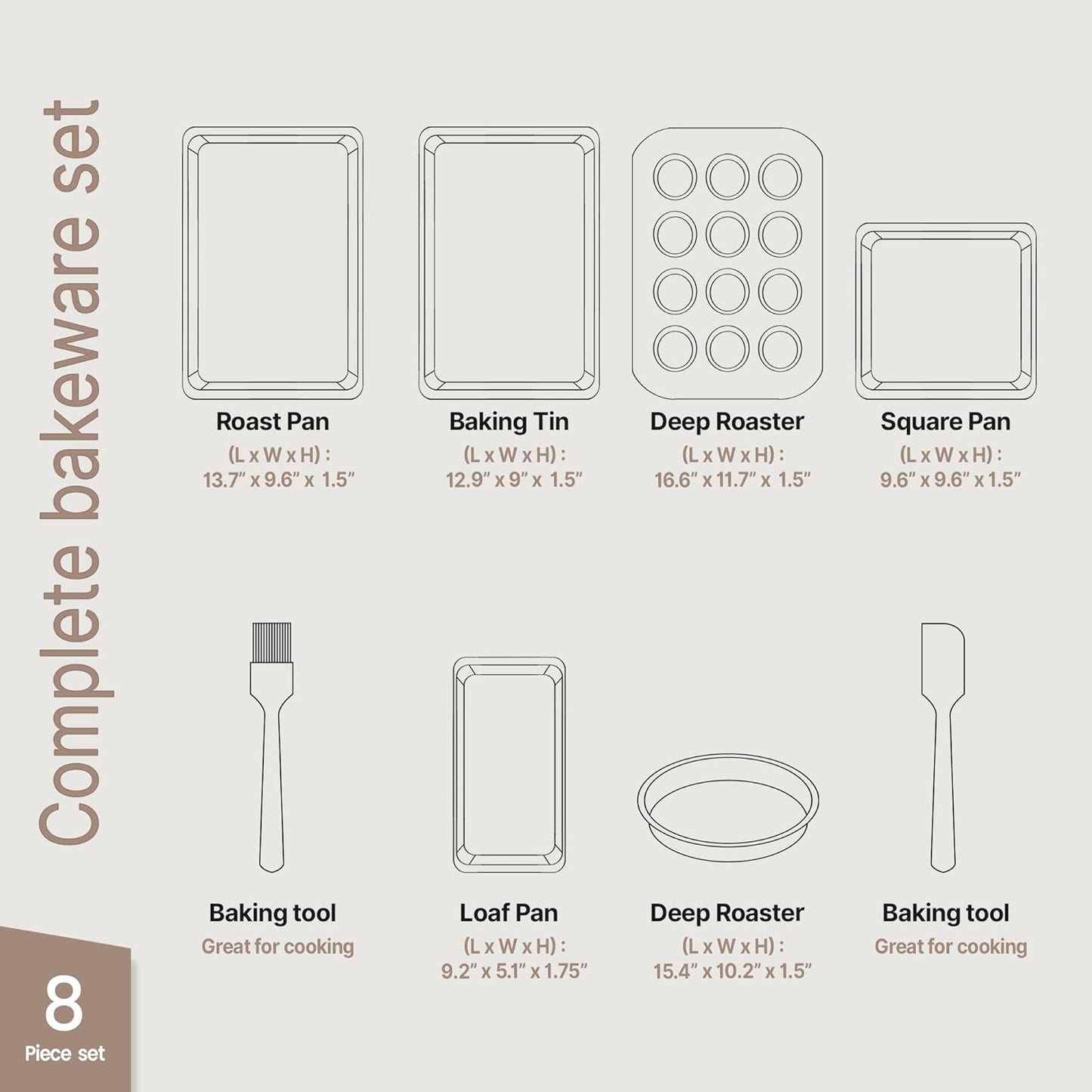 Non-Stick Bakeware Set by [Brand Name] - 8-Piece Professional Multi-Sized Baking Pans | Muffin, Loaf & More - Gold
