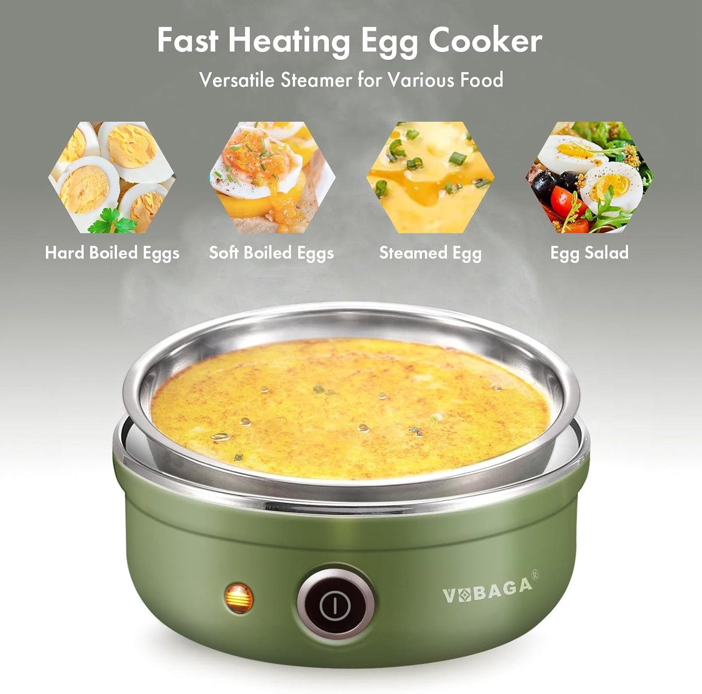 VOBAGA Electric Egg Cooker - Rapid Boiler with Auto Shut Off | 7-Egg Capacity, Stainless Steel Tray, Green