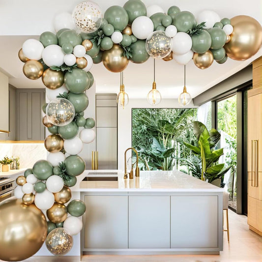 PartyWoo Balloon Arch Kit - Sage Green 152pcs Set with Olive, Dusty Green & Gold Confetti for Baby Showers & Birthdays