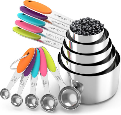 TILUCK Stainless Steel Measuring Cups and Spoons Set - Essential Kitchen Utensils for Cooking & Baking (10-Piece)