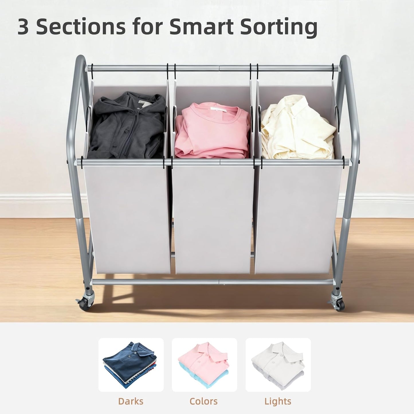 Storage Maniac 3-Section Laundry Sorter - 35.6 Gal Hamper Cart with Lockable Wheels & Removable Bags | Gray