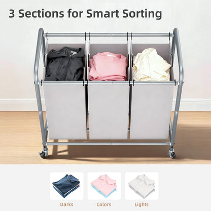 Storage Maniac 3-Section Laundry Sorter - 35.6 Gal Hamper Cart with Lockable Wheels & Removable Bags | Gray