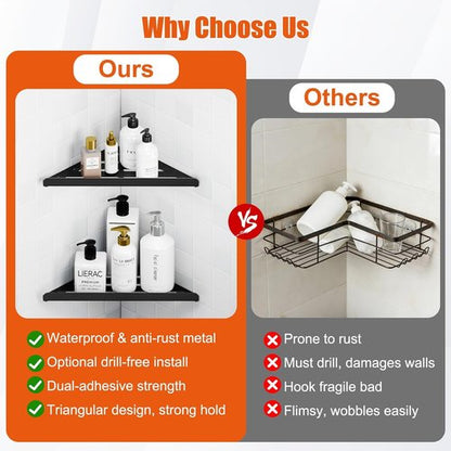 Fikoksol Shower Caddy - 2 Pack Black Metal Corner Shelf | Rustproof Wall-Mounted Bathroom Organizer