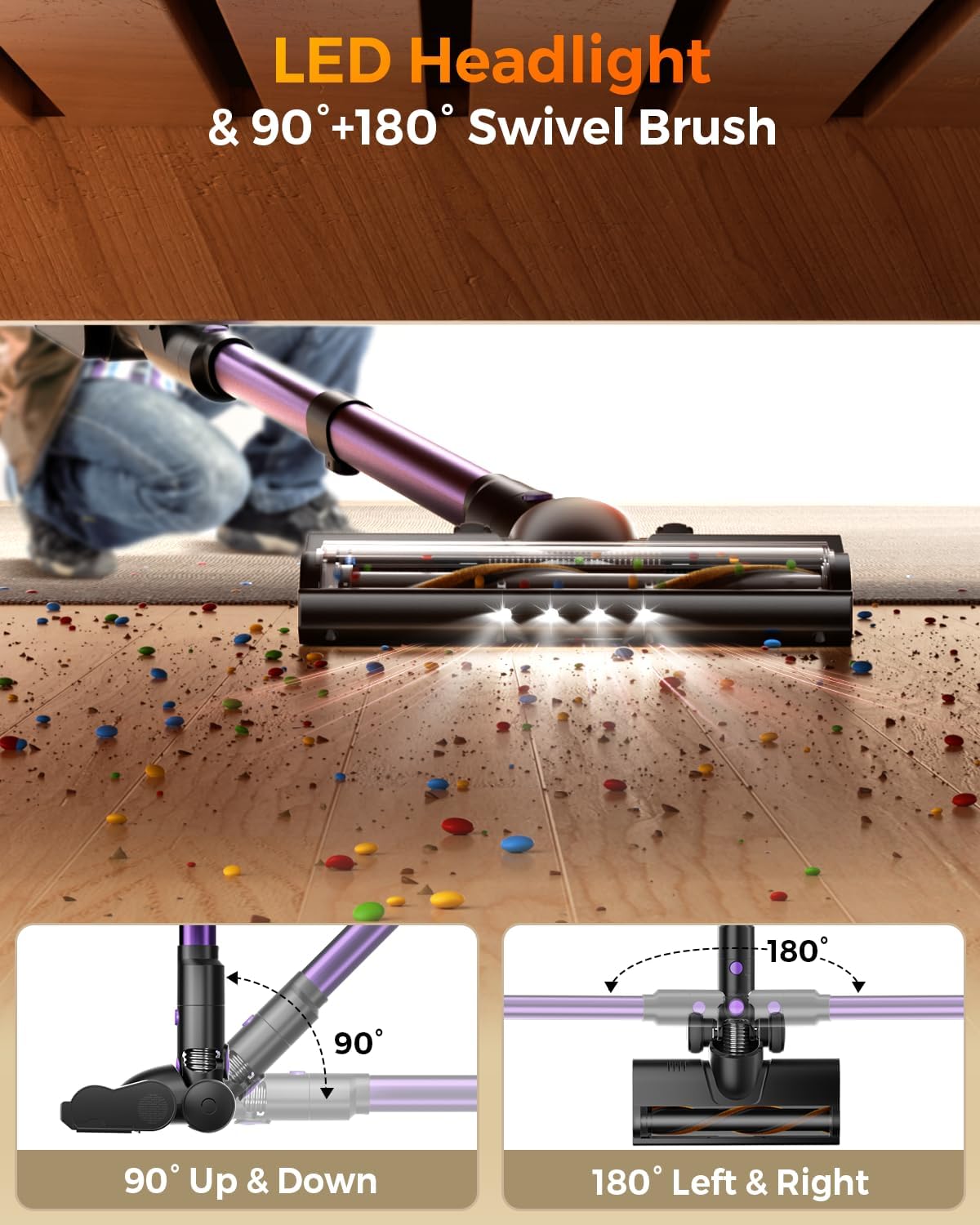 Skiennix Cordless Vacuum Cleaner - 580W Powerful Suction, 65 Min Runtime, Lightweight Stick for Pet Hair & Hard Floors