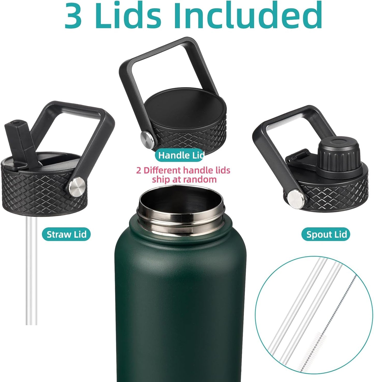 Skiennix 40oz Insulated Stainless Steel Water Bottle - Durable Sport Bottle with 3 Lids | Army Green