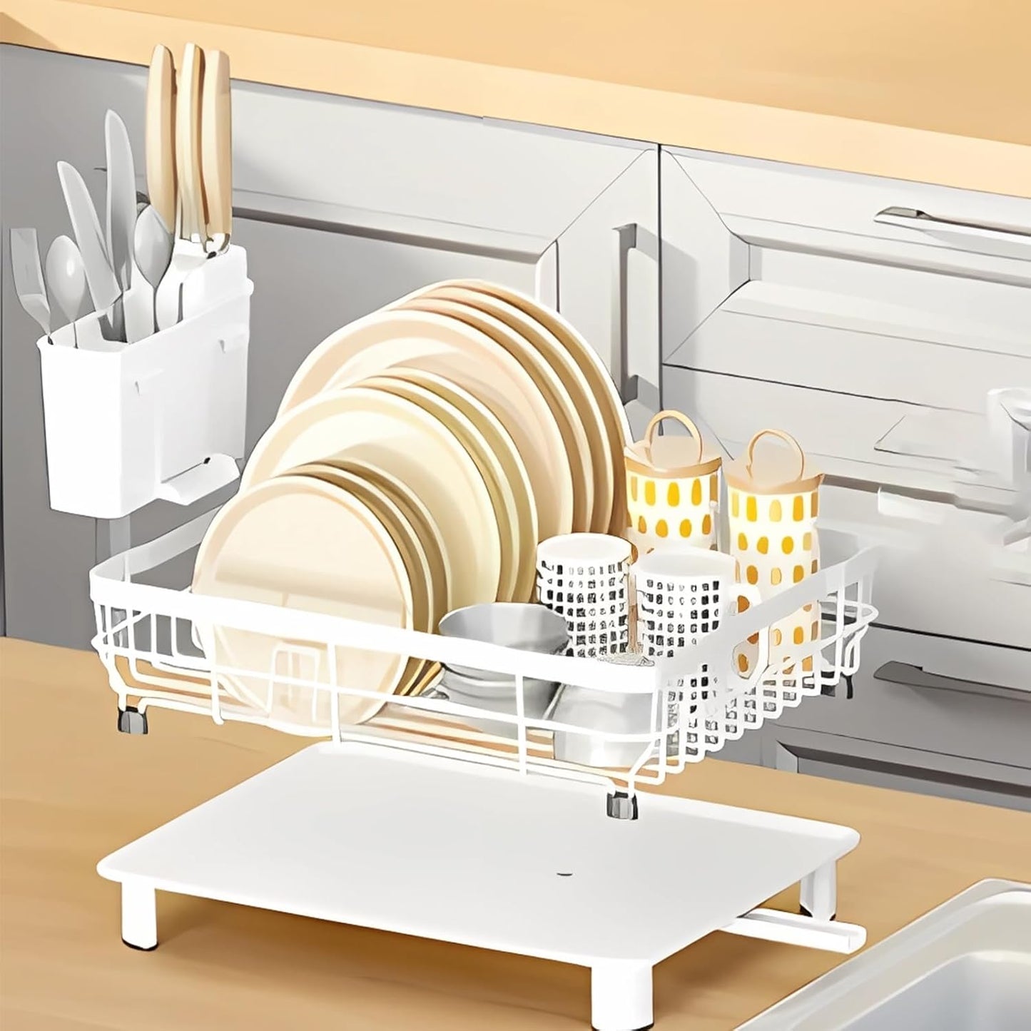 Skiennix Small Dish Drying Rack - Space-Saving Kitchen Organizer with Cutlery Holder | 11''W x 15''L, White