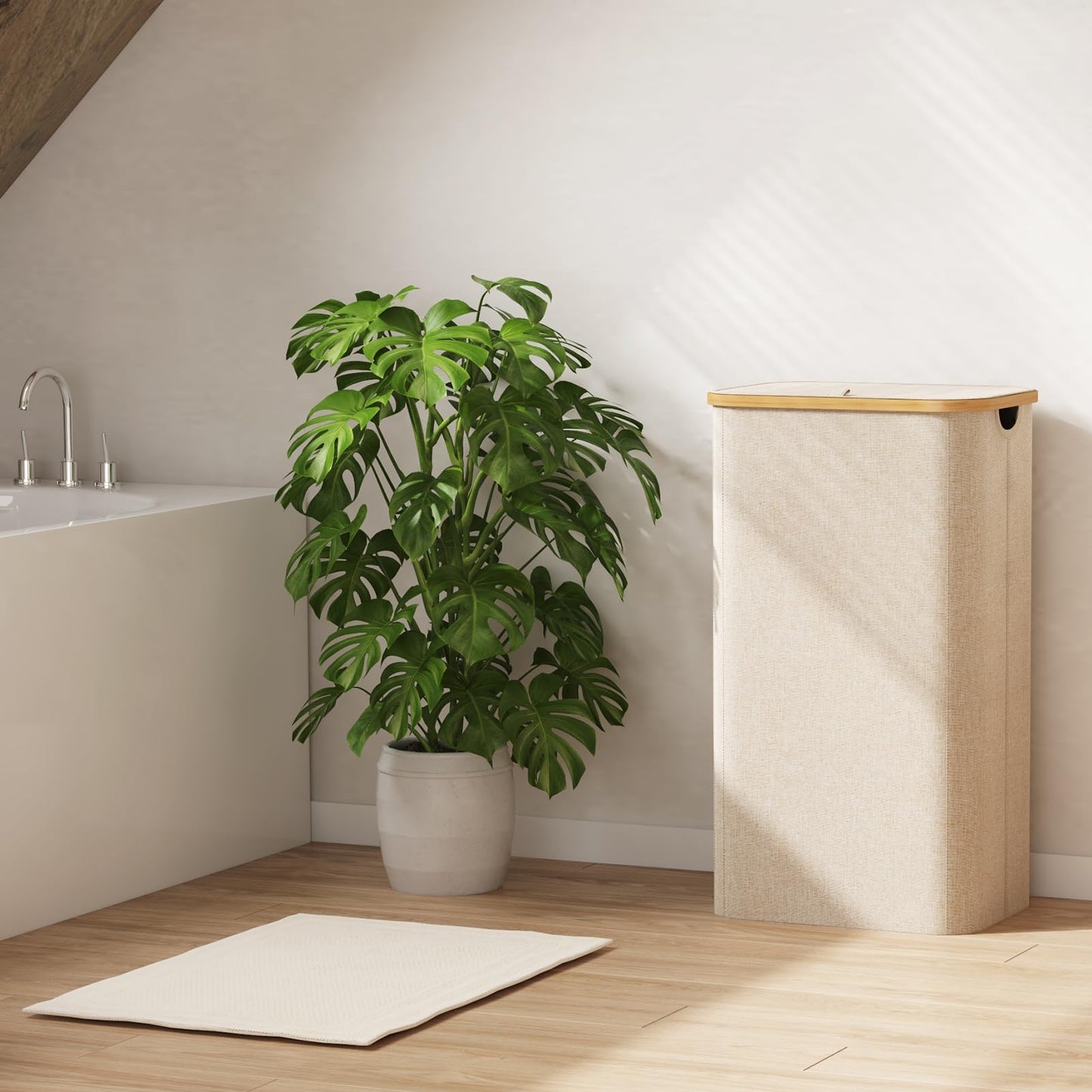 Lifewit 100L Laundry Basket with Lid, Clothes Hampers for Laundry with Bamboo Handles and 1 Removable Bag, Large Foldable Laundry Hamper for Bedroom, Bathroom, Dorm, Laundry Room, Beige