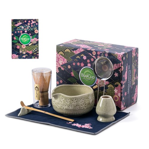 Buucup Matcha Whisk Set, Ceramic Matcha Kit Set Includes Matcha Bowl, Matcha Whisk and Holder, Bamboo Scoop, Scoop Rest, Sifter and Tea Towel - 7 Pcs Matcha Kit for Matcha Lovers (Mottled Green)