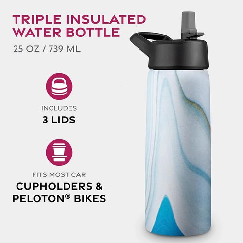 FineDine Stainless Steel Insulated Water Bottle - 25 Oz with Straw Lid & Flip Lid - Exquisite Blue Marble