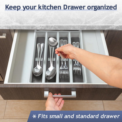 CherHome Silverware Organizer with Cutlery Icons，Silverware Tray for Kitchen Drawer，Plastic Flatware Tableware Silverware Drawer Organizer Utensil Organizer with Non-slip TPR Linings，5-Compartment