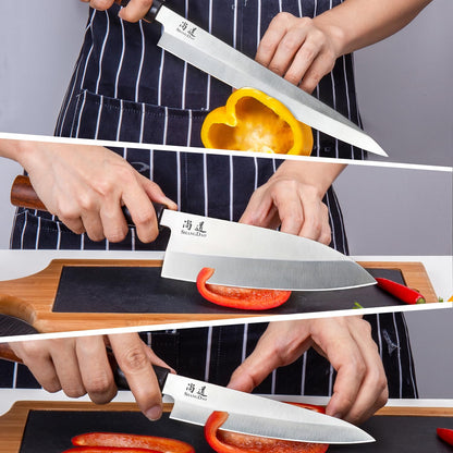 SHANGDAO Japanese Kitchen Knife Set, 3 Piece Sushi Chef Knife, 10”Yanagiba-7”Deba-5”Utility Kitchen Knife Cooking Knives, Premium German Stainless Steel & Traditional Wooden Handle, Gift Box