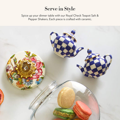 MACKENZIE-CHILDS Teapot Salt and Pepper Shaker Set, Ceramic Salt and Pepper Holders, Blue-and-White Royal Check