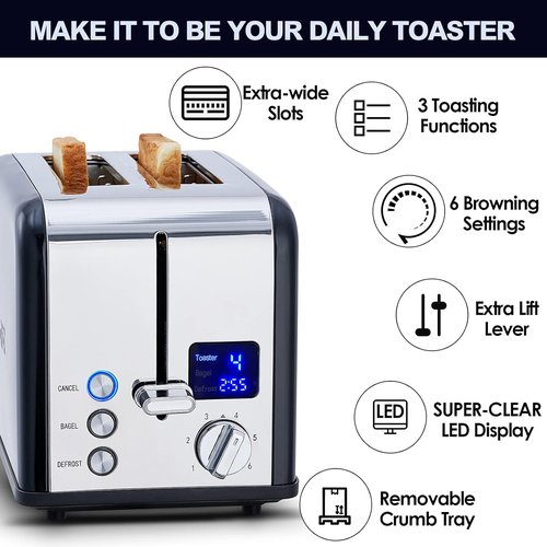 CUSIMAX 2-Slice Stainless Steel Toaster - Extra-Wide 1.5'' Slots, LED Display & 6 Browning Settings | Black