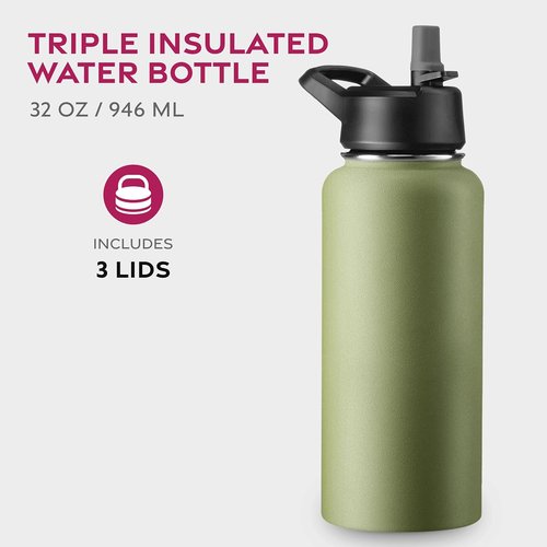 FineDine Stainless Steel Insulated Water Bottle - 32 Oz | Keeps Drinks Hot or Cold - Army Green