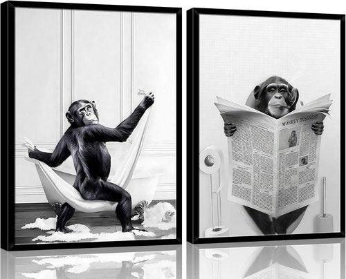 Funny Monkey Painting Poster - Framed Black and White Canvas Art | 12" x 16" for Kids' Bathroom & Bedroom Decor