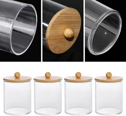 Tbestmax Qtip Holder - 10-Ounce Clear Plastic Bathroom Organizer with Bamboo Lids | 4 Pack for Cotton Swabs & Balls