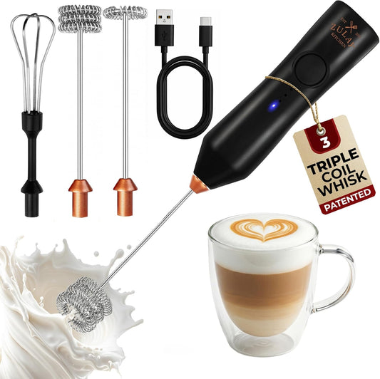 Zulay Kitchen Rechargeable Milk Frother | 3 Speeds & 3 Whisk Attachments - USB Charging, Perfect for Lattes & Cappuccinos - Black Copper