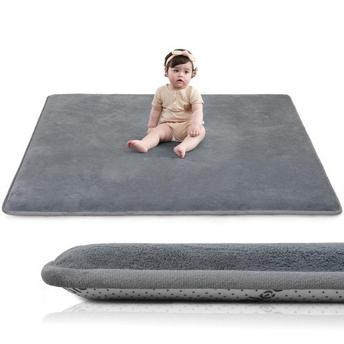 Huloo Play Mat - Non-Toxic 50"×50" Soft Coral Velvet for Infants | 1.3" Thick, Water-Repellent, Safe for Crawling (Dark Grey)