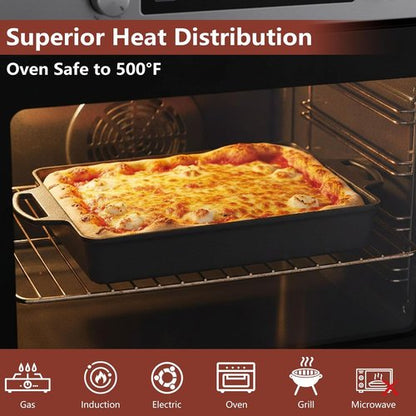Keesha 9x13 Inch Cast Iron Pizza Pan - Pre-Seasoned Deep Baking Dish for Casserole & Lasagna