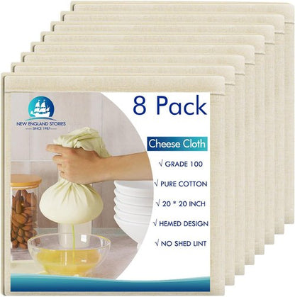 Grade 100 Cheesecloth by [Brand Name] - 8 PCS 20x20 Inch Unbleached Cotton Strainer for Cooking & Baking