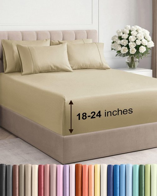 Extra Deep Queen Sheet Set - 6 Piece Breathable and Cooling Sheets - Hotel Luxury Bedding for Women, Men, Kids & Teens - Easy & Secure Fit - Soft, Wrinkle Free and Comfy - Extra Deep Pockets - Beige