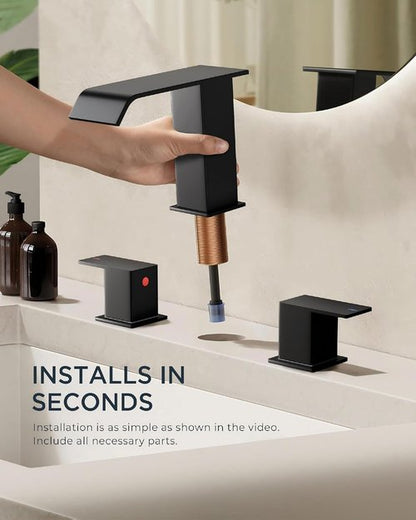 FORIOUS Bathroom Faucet - Matte Black 8-Inch Widespread Waterfall Spout with Pop-Up Drain & Water Supply