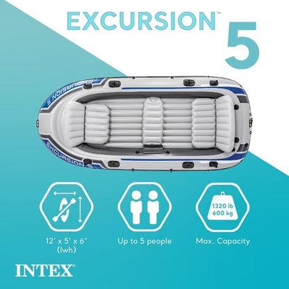 Intex Excursion Inflatable Boat - 5-Person Fishing Raft Set with Oars | 1,300 Lb Capacity