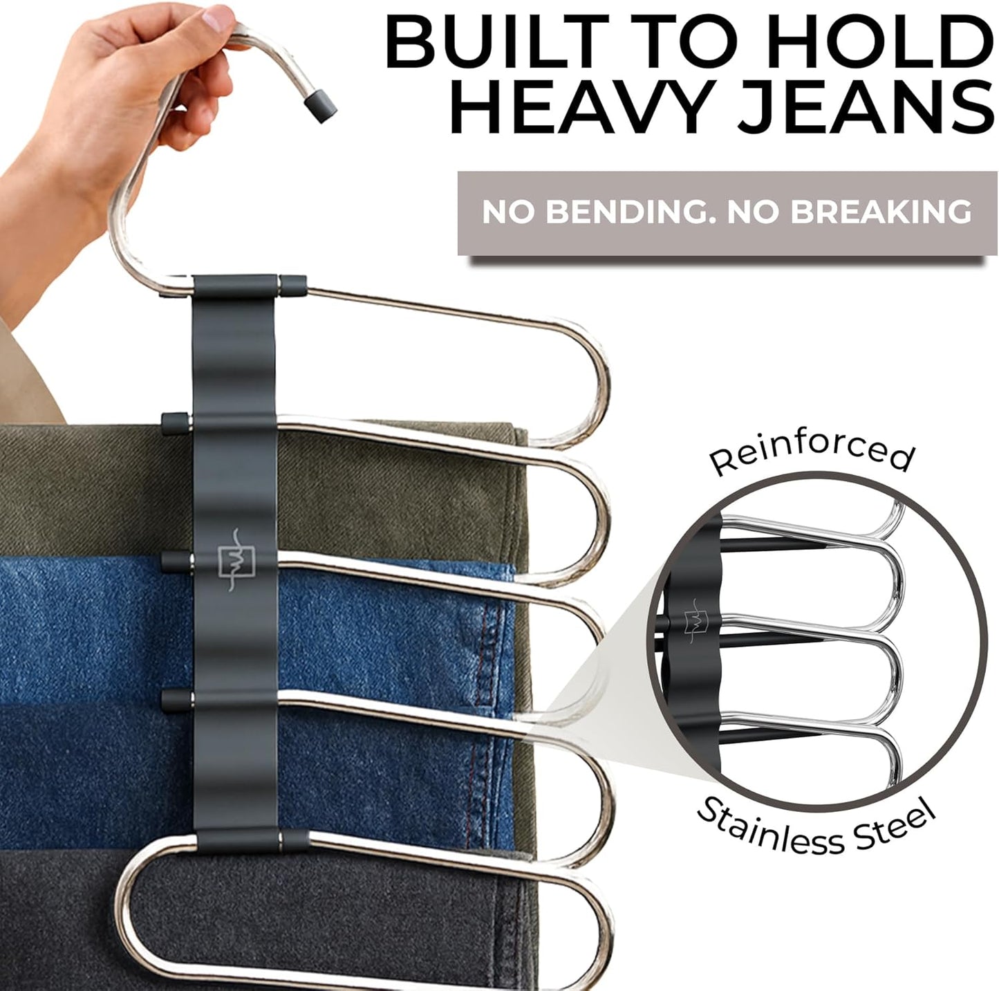 MORALVE Space-Saving Pants Hangers - Non-Slip Multi-Layer Closet Organizer - 2 Pack (Black)