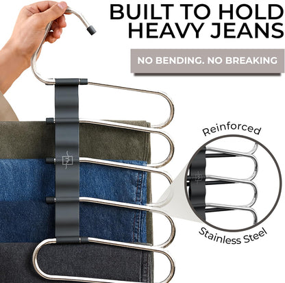 MORALVE Space-Saving Pants Hangers - Non-Slip Multi-Layer Closet Organizer - 2 Pack (Black)