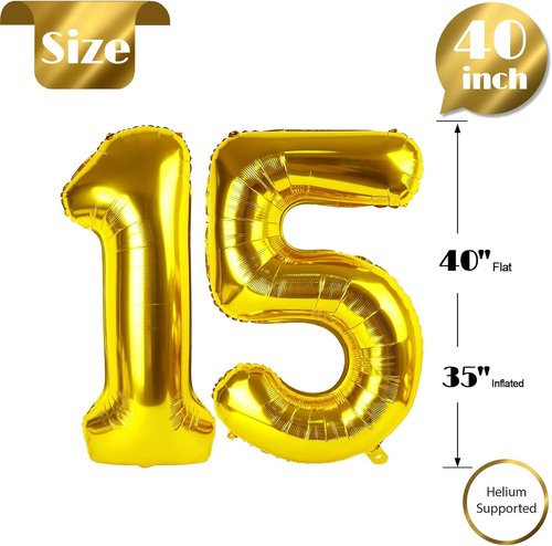 Gold Number 15 Balloon - 40 Inch Golden Birthday Decoration for 15th Party | Perfect for Boys & Girls