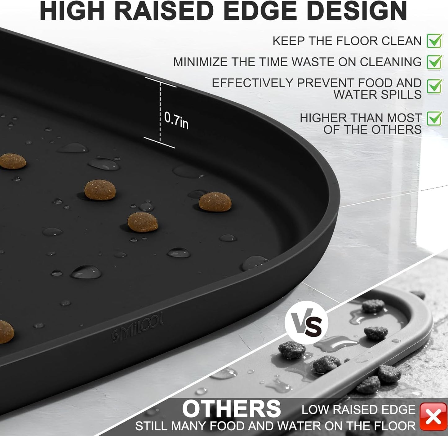 Skiennix Small Silicone Pet Food Mat - Waterproof Raised Edge for Dog & Cat Bowls | 12 x 12 x 0.7 Black