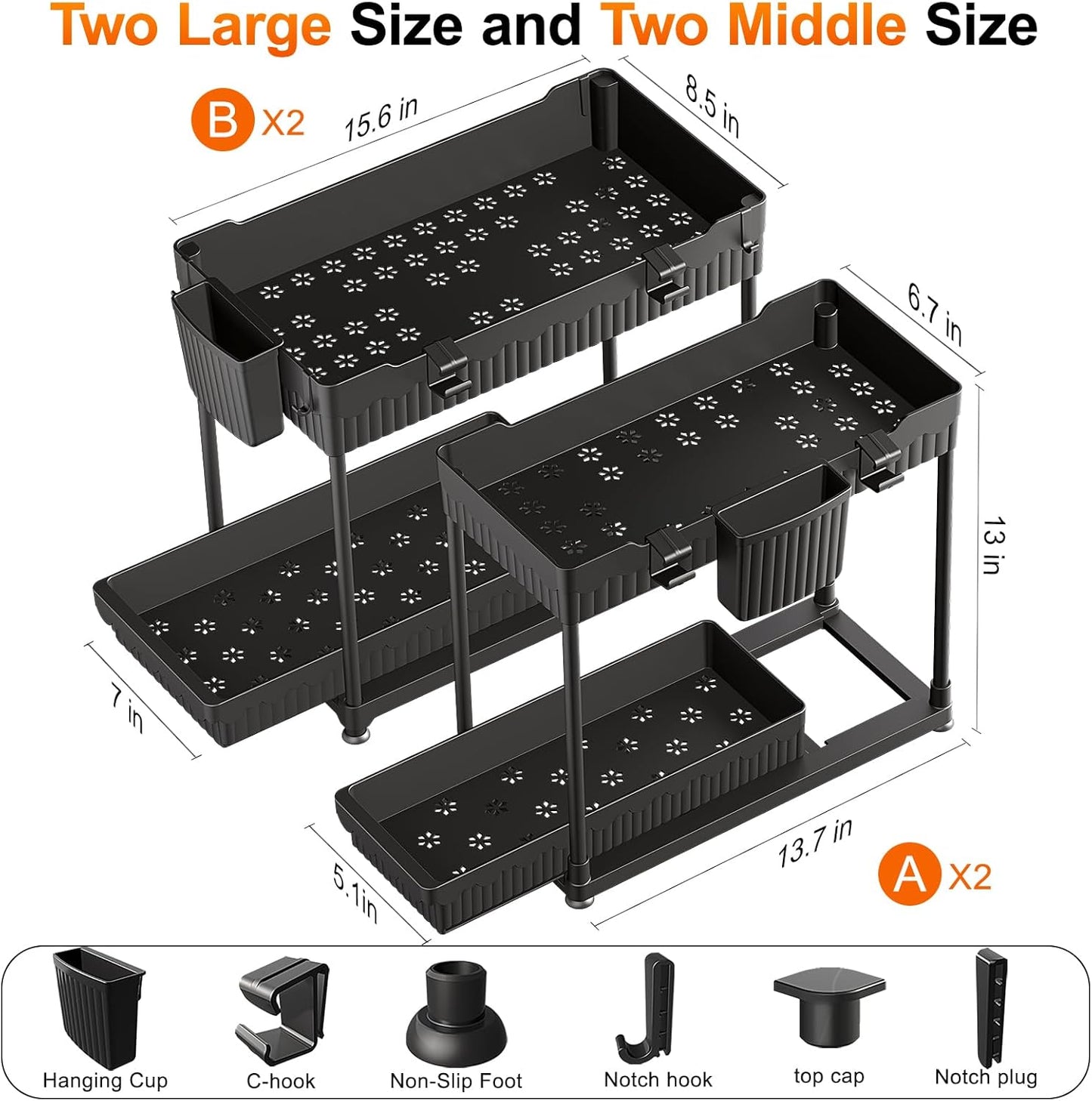 Sevenblue Under Sink Organizer - 2 Tier Multi-Use Pull Out Cabinet Storage | Black, 4 Pack