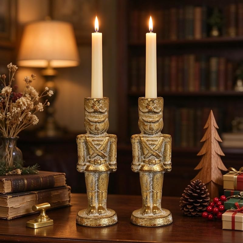 Set of 2 Gold Nutcracker Candle Holders - Handcrafted Iron Christmas Decor (Variation: Gold Nutcracker)