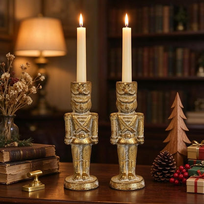 Set of 2 Gold Nutcracker Candle Holders - Handcrafted Iron Christmas Decor (Variation: Gold Nutcracker)
