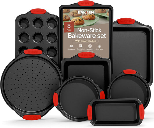 Bakkenmaster Baking Set - 8-Piece Non-Stick Bakeware with Red Silicone Handles - Carbon Steel, PFOA Free
