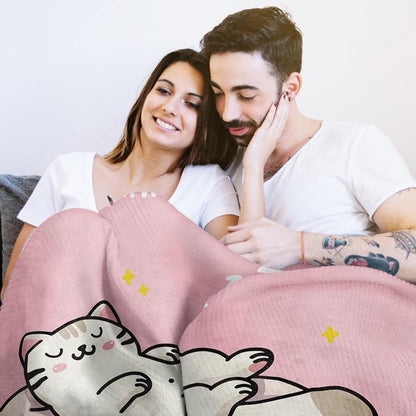 Girlfriend Gift Blanket - 80x60 in Pink Nap Cartoon Cats Cozy Throw
