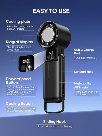 Skiennix Portable Handheld Fan - 3-in-1 Ice Cooler with 5 Wind Speeds & Digital Display | Rechargeable Travel Fan