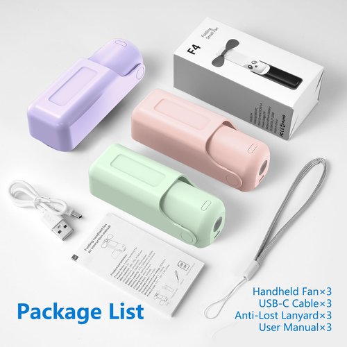 VanSmaGo 3 Pcs Portable Handheld Fans, 3 IN 1 USB-C Rechargeable [10H Working time] Mini Fan with 3 Speed, Flashlight, Lanyard, Folding Personal Fan, Gifts for Women Men Girls Kids, Purple&Pink&Green