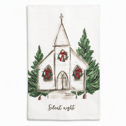 Christian Christmas Kitchen Hand Towel 26x16in Cotton Poplin Snow Church Decor