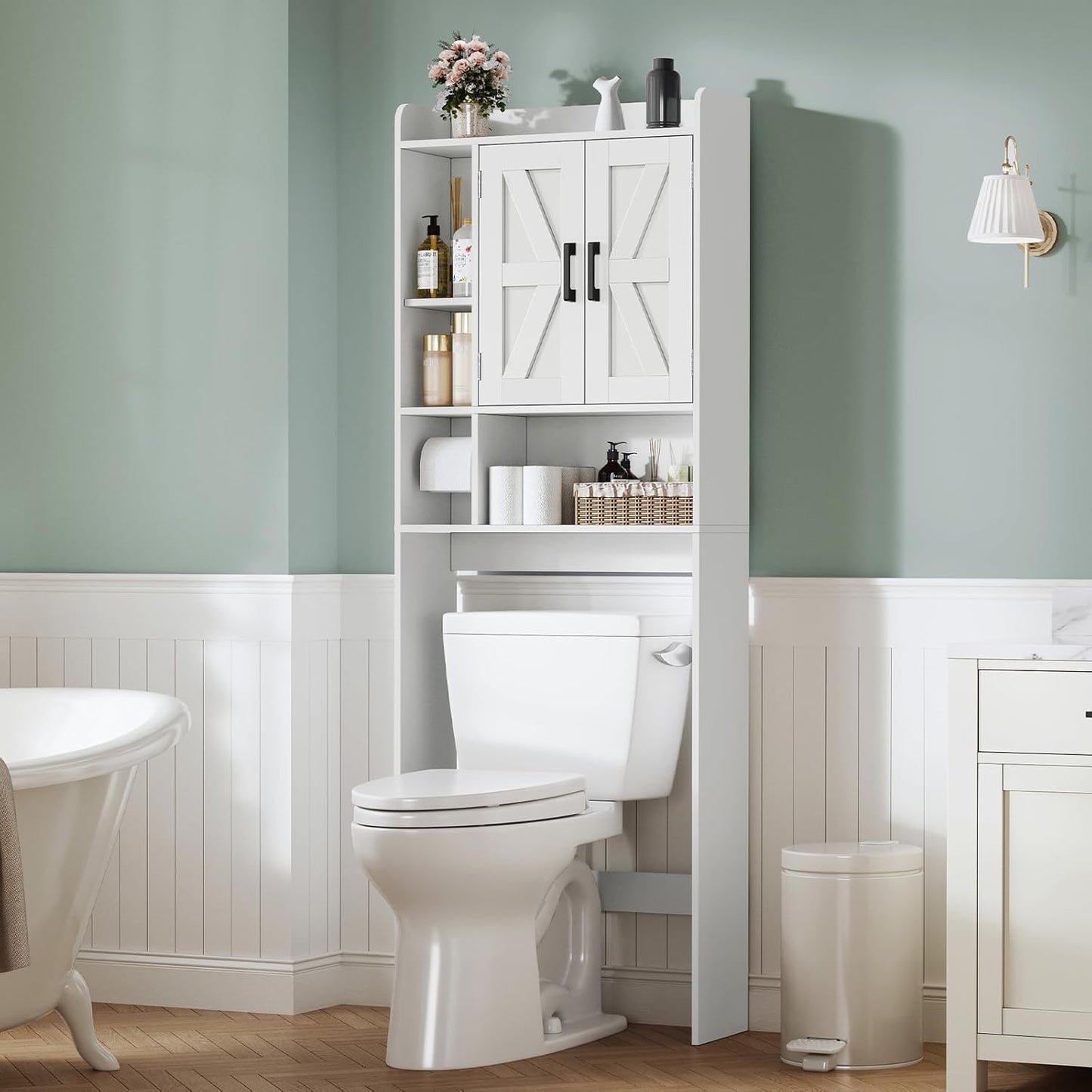 TEENFON Over The Toilet Storage Cabinet - Extra Tall Bathroom Organizer with 4 Open Shelves & 2 Barn Doors | White