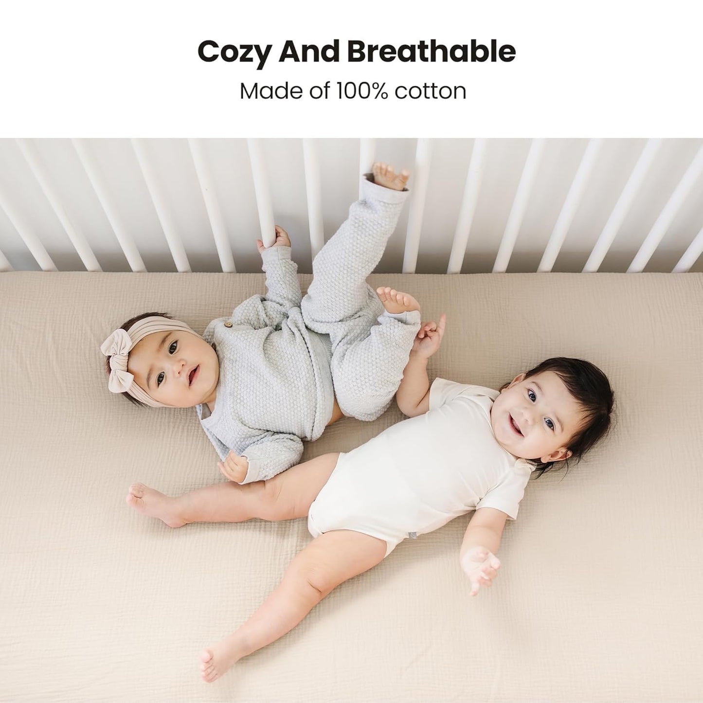 Konssy Muslin Crib Sheets for Boys, Soft Cotton Neutral Baby Sheets for Standard Crib Mattress 2 Pack, 52"x28" (Fog Green,Cream)