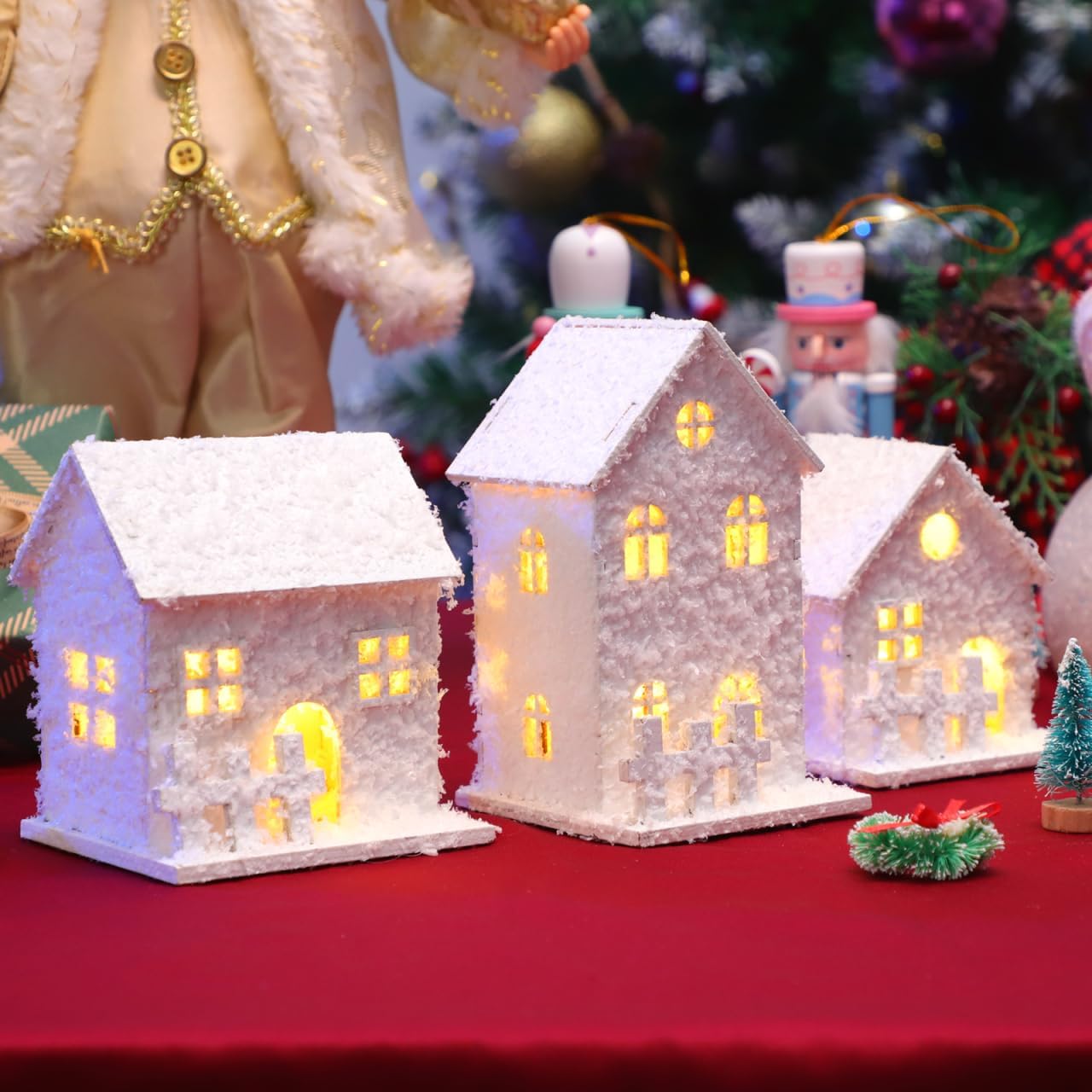 TOYANDONA Christmas Village Houses - 3Pcs LED Lighted Wooden Decor for Tabletop & Mantle Display