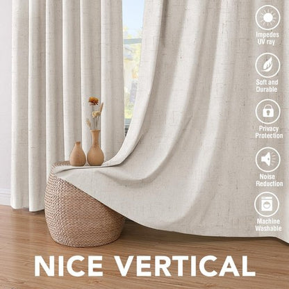 H.VERSAILTEX Linen Curtains 100% Blackout Curtains for Bedroom 90 inch Long Full Light Blocking Nature Linen Blended Window Curtains for Living Room Nickel Grommet (2 Panels, Ivory)