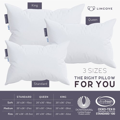 Lincove Cloud Natural Canadian Down Pillow, White Luxury Sleeping Pillow - 625 Fill Power, 100% Cotton Shell, 500 Thread Count, Made in Canada, Queen - Soft, 1 Pack