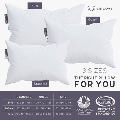 Lincove Cloud Natural Canadian Down Pillow, White Luxury Sleeping Pillow - 625 Fill Power, 100% Cotton Shell, 500 Thread Count, Made in Canada, Queen - Soft, 1 Pack