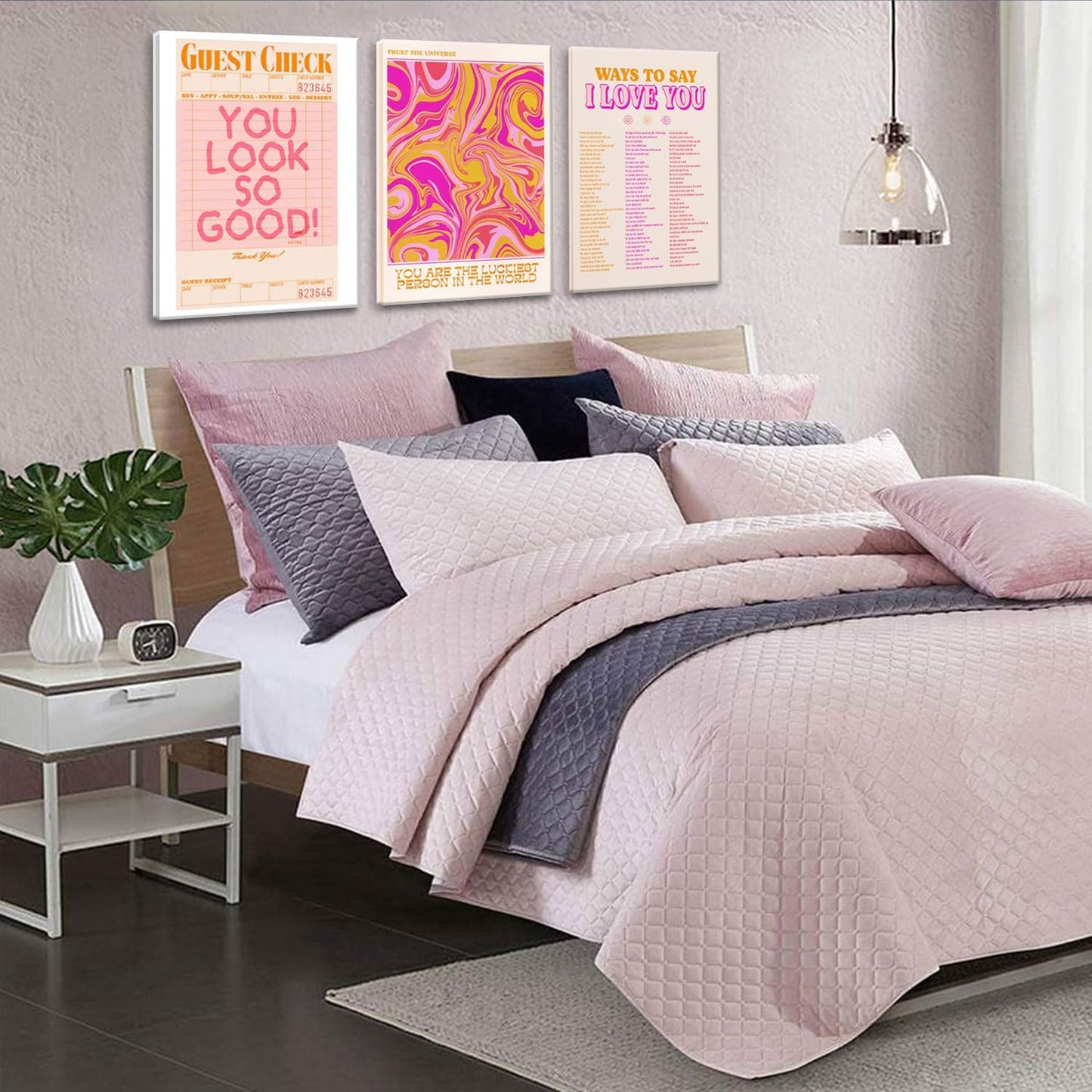 Pink Wall Decor - Abstract Canvas Art Set of 3 | Unique Love-Inspired Prints for Teen Girls | Framed 12x16''