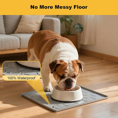 Pieviev Dog & Cat Food Bowl Mat - Silicone Waterproof, Non-Slip Design, 16''x12'', Light Gray