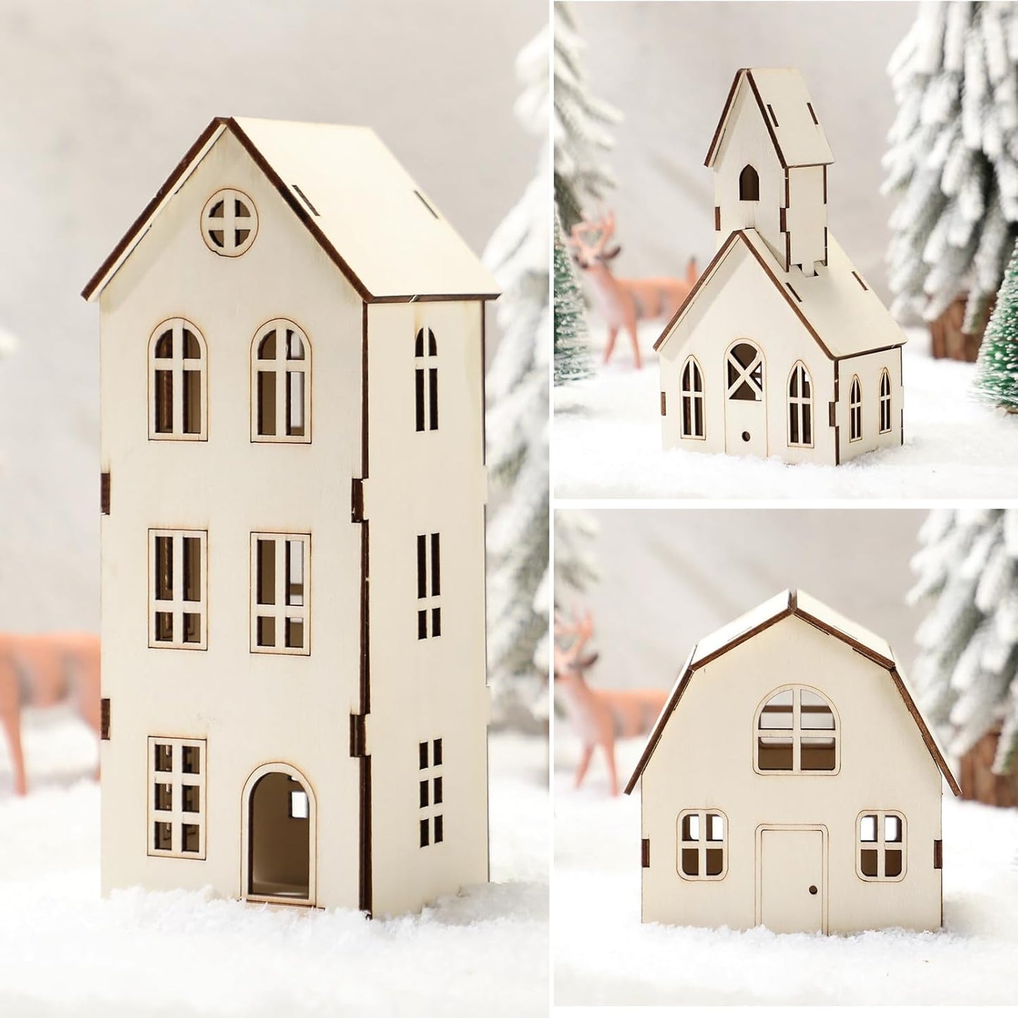 Wonderjune Christmas Village Set - 3 Piece DIY Wooden House Craft Kit for All Ages | 8 Inch Size