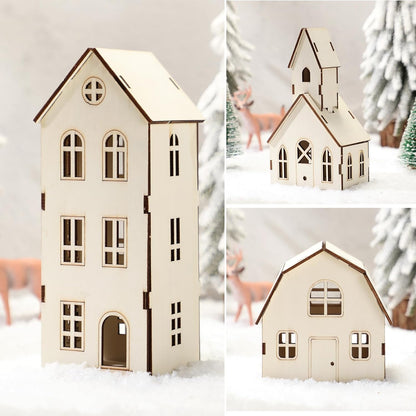 Wonderjune Christmas Village Set - 3 Piece DIY Wooden House Craft Kit for All Ages | 8 Inch Size