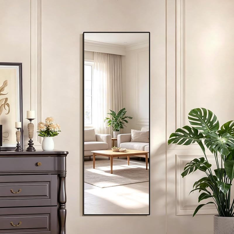 58x20 Full Length Mirror, Wall-Mounted / Freestanding Black Frame - Wide Body Mirror (Variation: Black+58"L x 20"W)